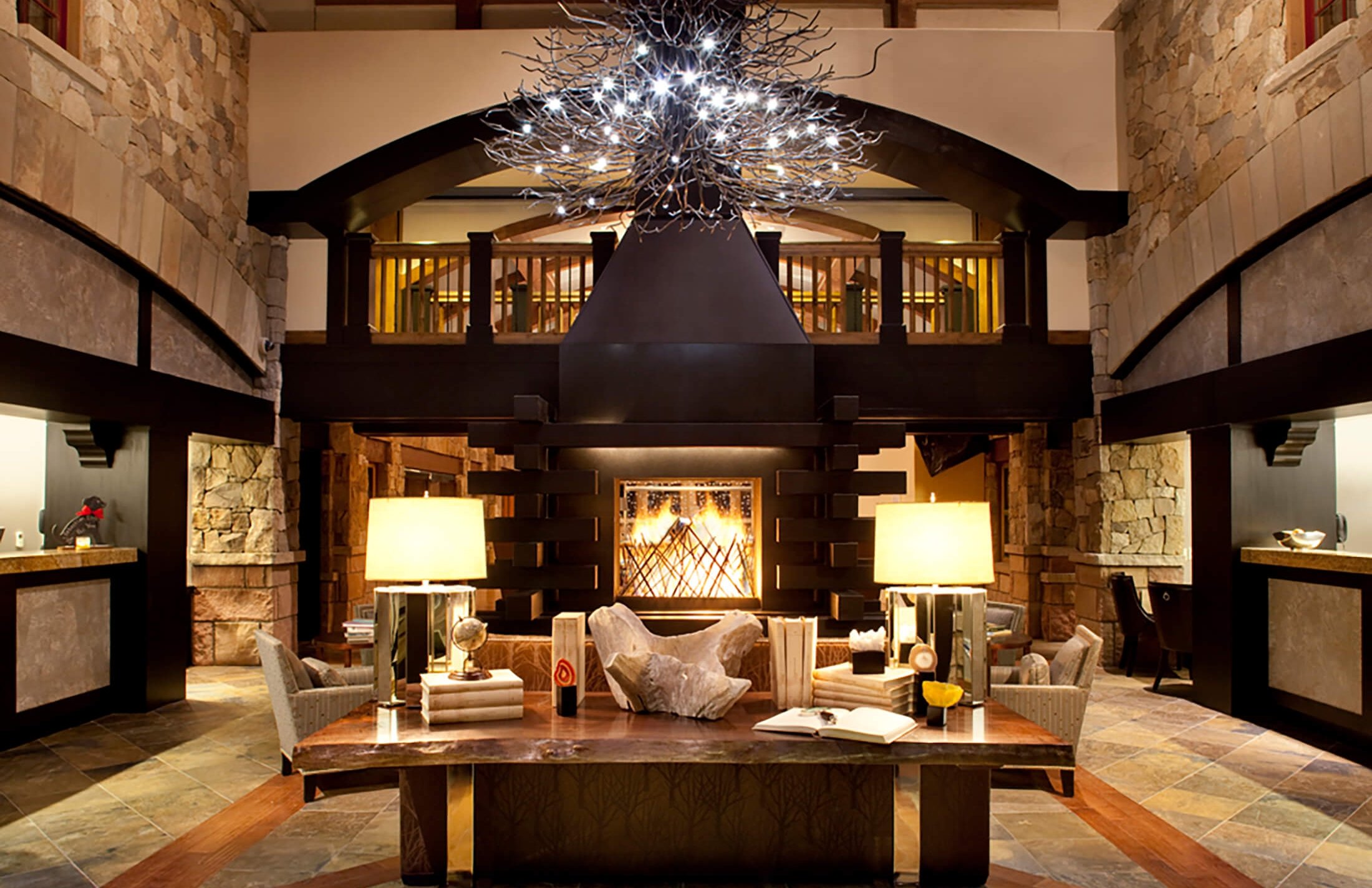 Fireplace warms up the main reception area at The Sebastian - Vail