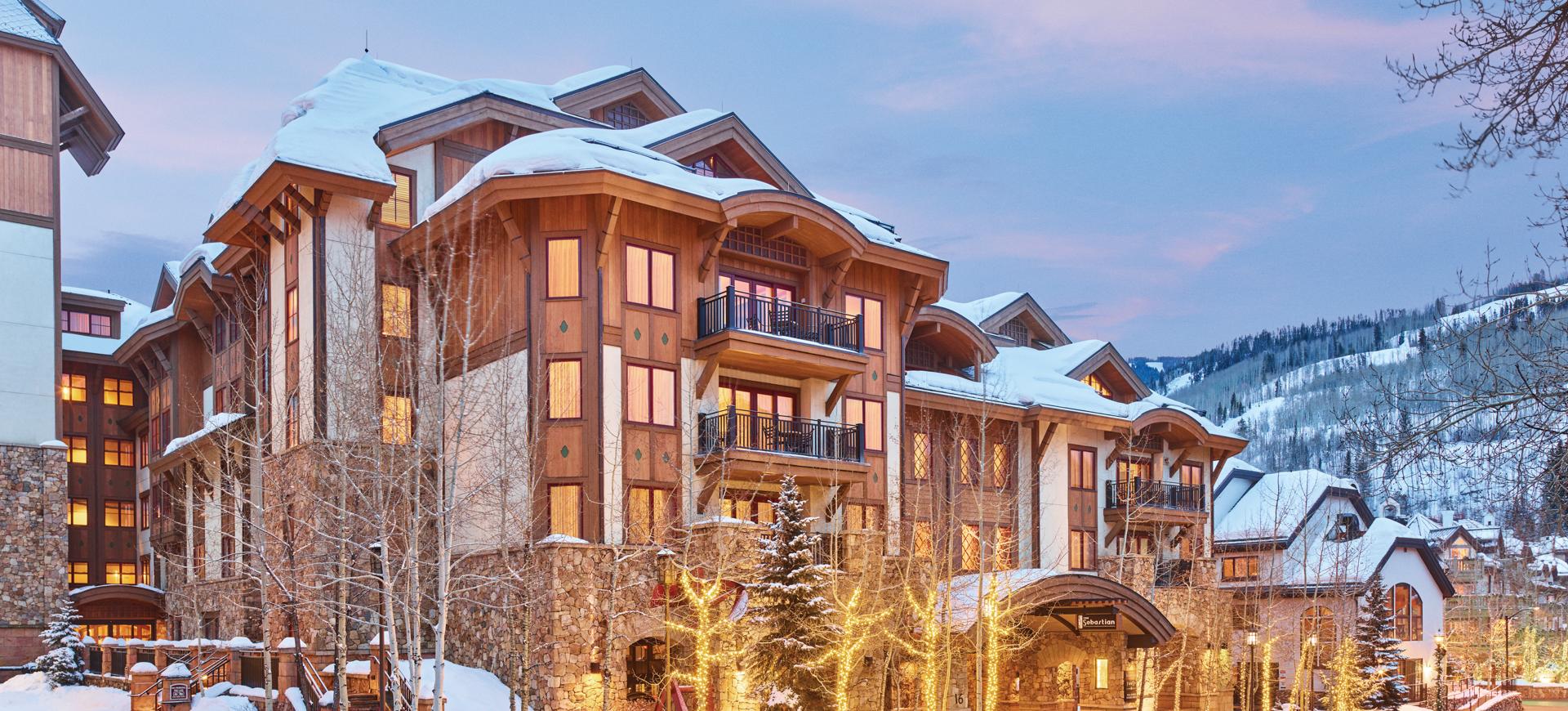 exterior shot of The Sebastian - Vail hotel portico in winter